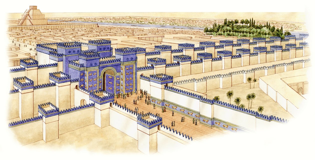 La puerta de Ishtar, Babilonia, c.-560--10 (tinta y acuarela) de Stephen Conlin