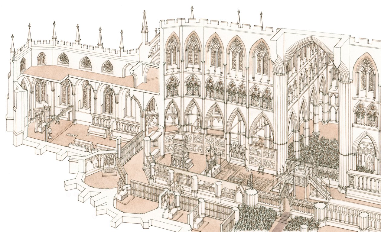 El cenáculo de la abadía de Westminster en el momento de la coronación del rey Enrique IV en 1399, 2023 (tinta y acuarela) de Stephen Conlin