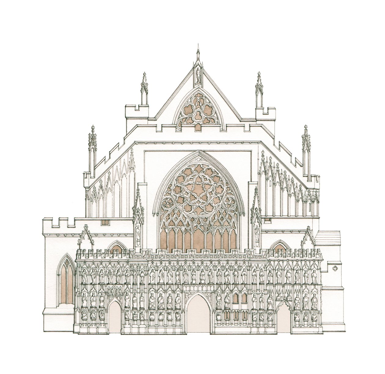 La fachada oeste de la catedral de Exeter, Devon (dibujo de 2002), c.1900-2023 (tinta y acuarela) de Stephen Conlin