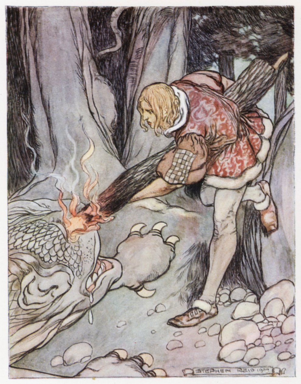 Ilustración de Siegfried el matadragones (litografía en color) de Stephen Reid