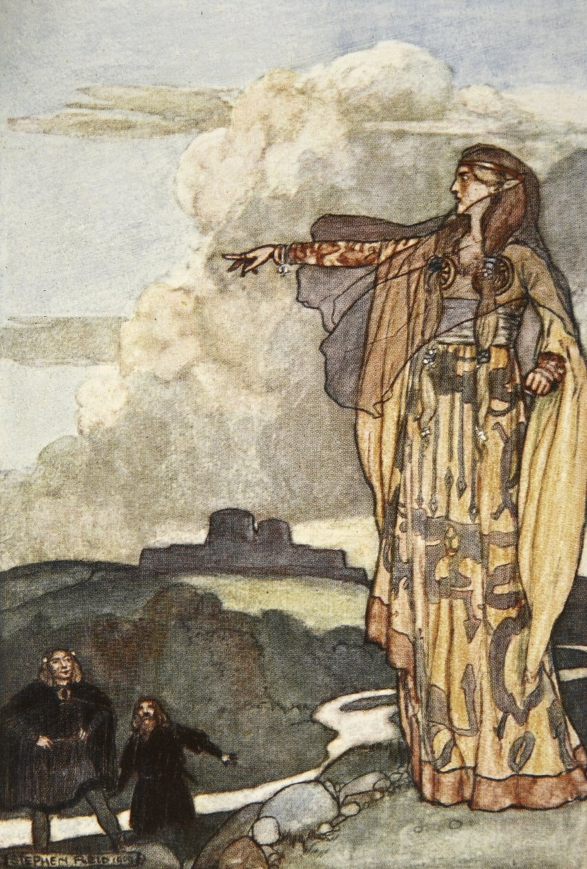 Macha maldice a los hombres del Ulster, ilustración de "Cuchulain, The Hound of Ulster", de Eleanor Hull (1860-1935) de Stephen Reid