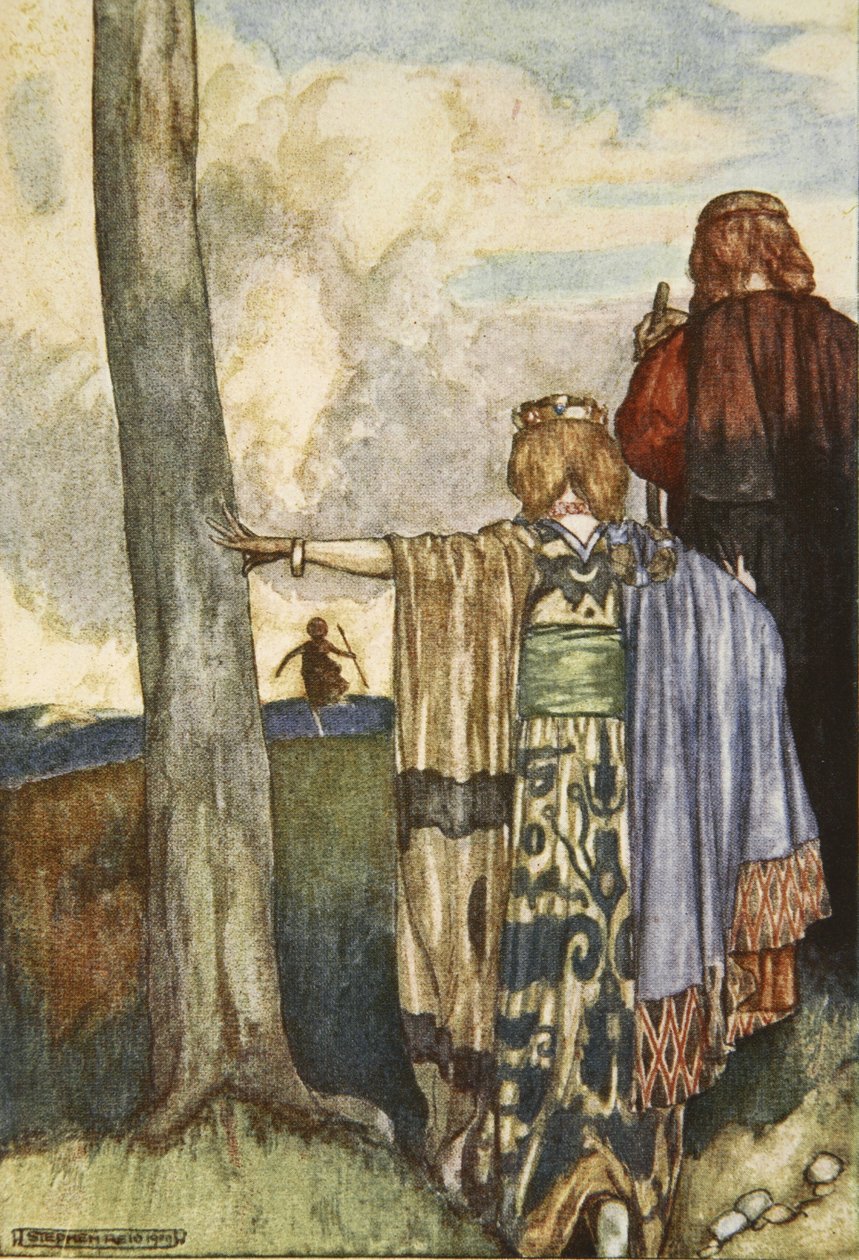 La reina Maeve se reúne con Cuchulain, ilustración de "Cuchulain, The Hound of Ulster", de Eleanor Hull (1860-1935) de Stephen Reid