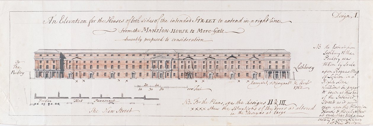 Diseño para las Casas de ambos lados de la Calle prevista para extenderse en línea recta desde la Mansion-House hasta More-Gate, propuesto humildemente para consideración, 1762 de Stephen Riou