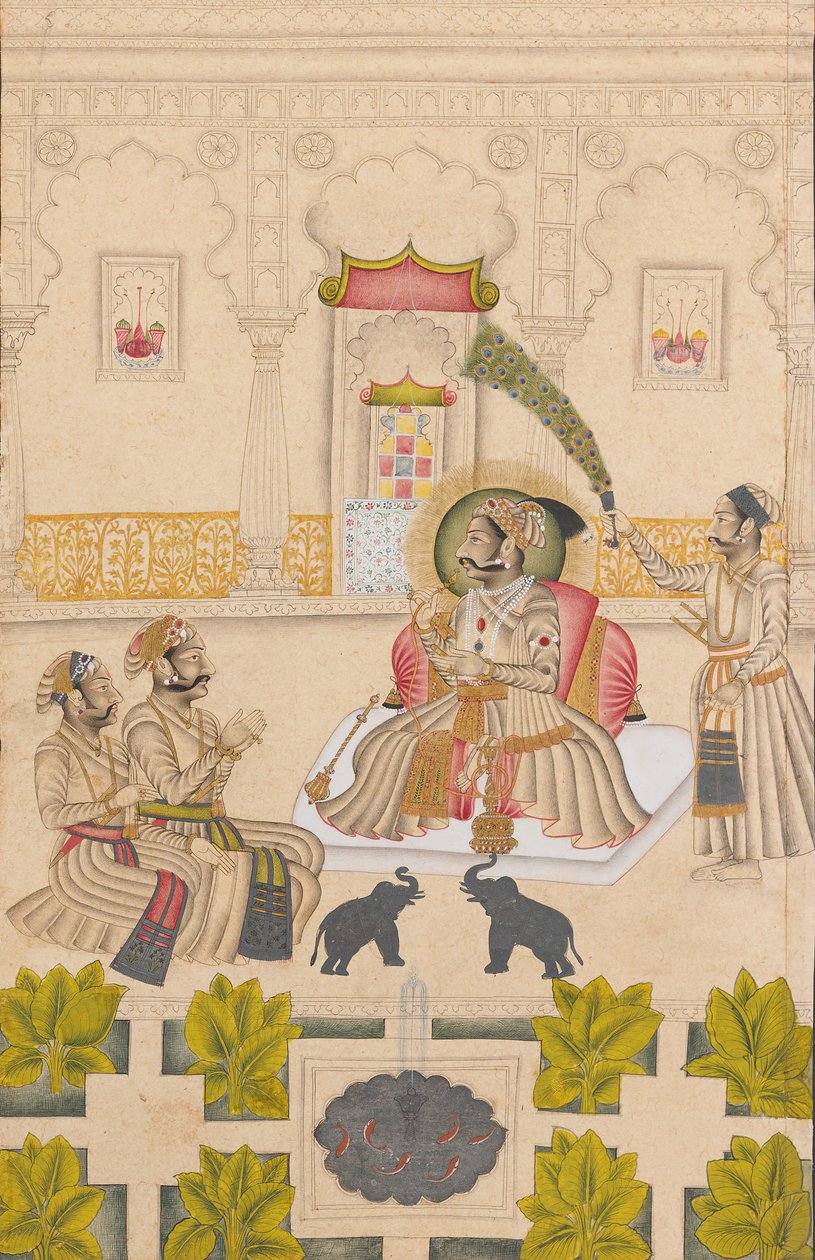 Maharana Amar Singh II muestra dos elefantes de plata, ca. 1705 de Stipple Master