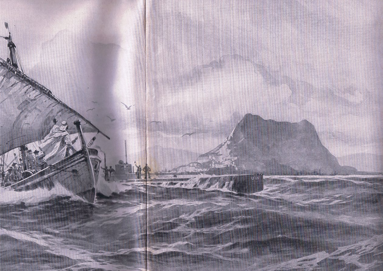 Submarino alemán viajando por los estrechos de Gibraltar en camino a los Dardanelos, de La Historia Ilustrada de la Guerra Mundial 1914-1915 publicada por Union Berlagsefellfchaft de Willy Stoewer 