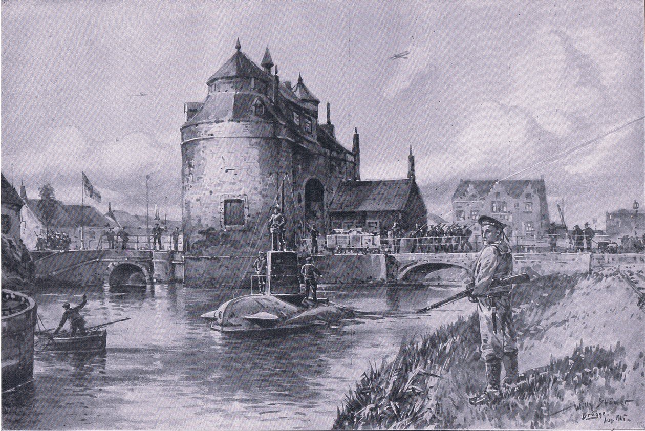Un refugio seguro en Brujas, de La Historia Ilustrada de la Primera Guerra Mundial 1914-1915 publicada por Union Berlagsefellfchaft de Willy Stoewer 