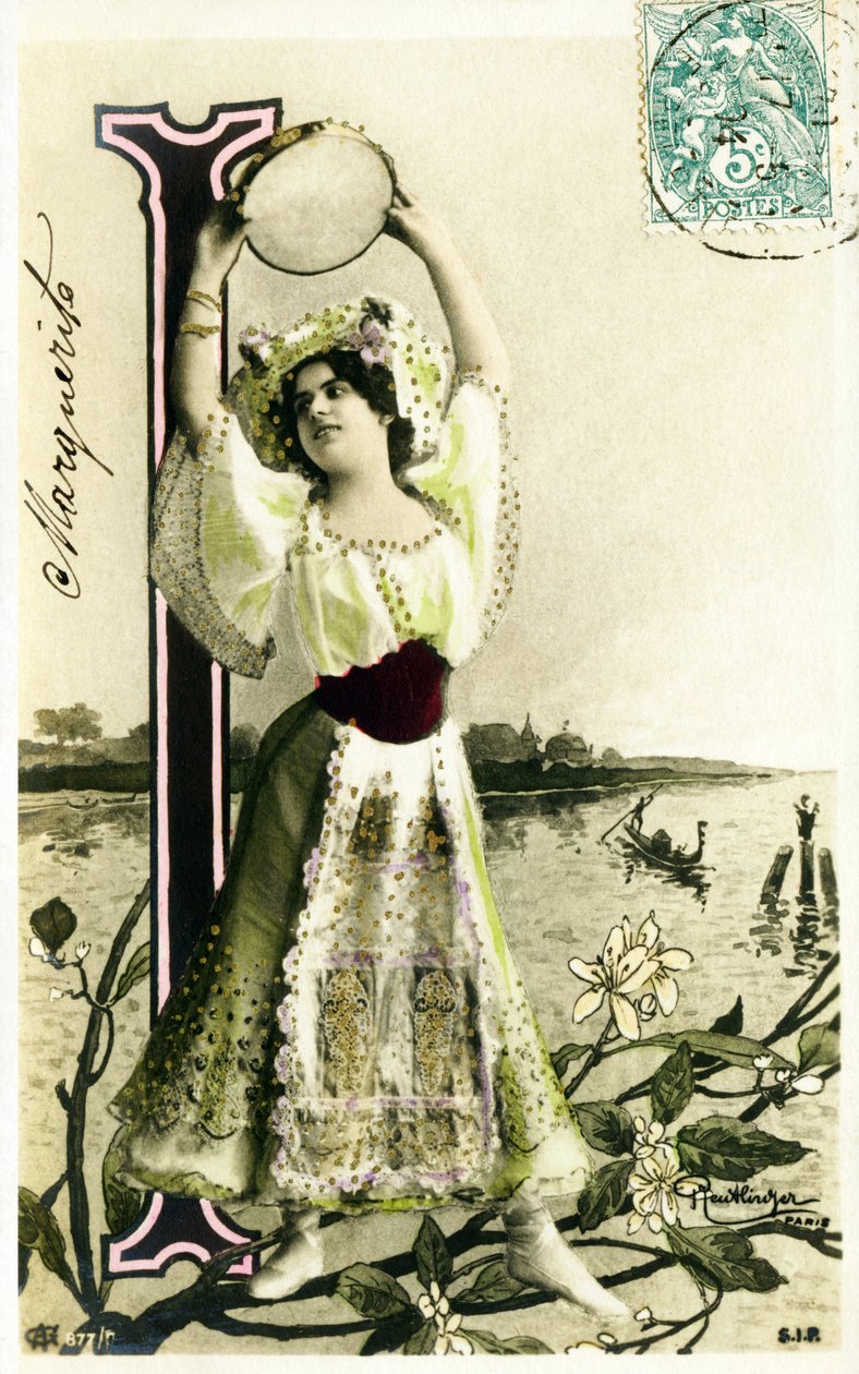 I: Mlle Fischer, artista de los años 1900 - Alfabeto en postal de Studio Reutlinger