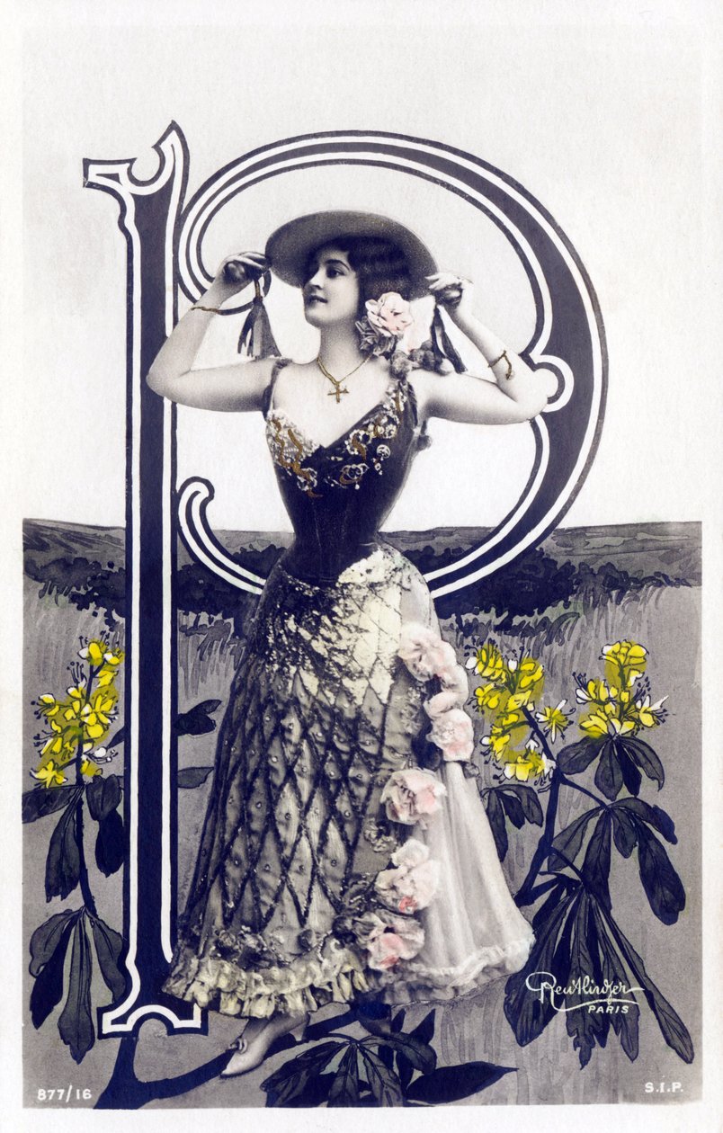 P: Mlle Lolita, artista de los años 1900 - alfabeto en postal de Studio Reutlinger
