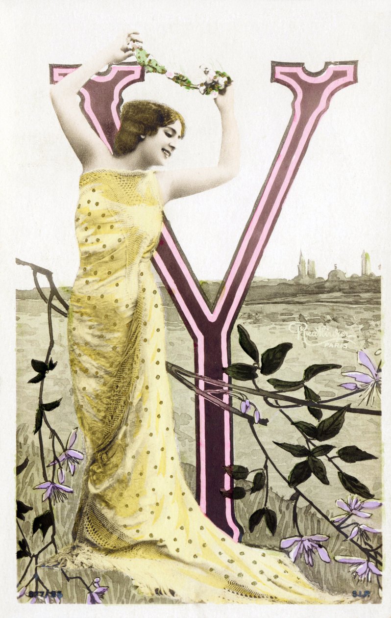 Y: Bianca Toledo, artista, cantante y bailarina sevillana de la Belle Époque - Casino de París, Folies Bergère - alfabeto en postal de Studio Reutlinger