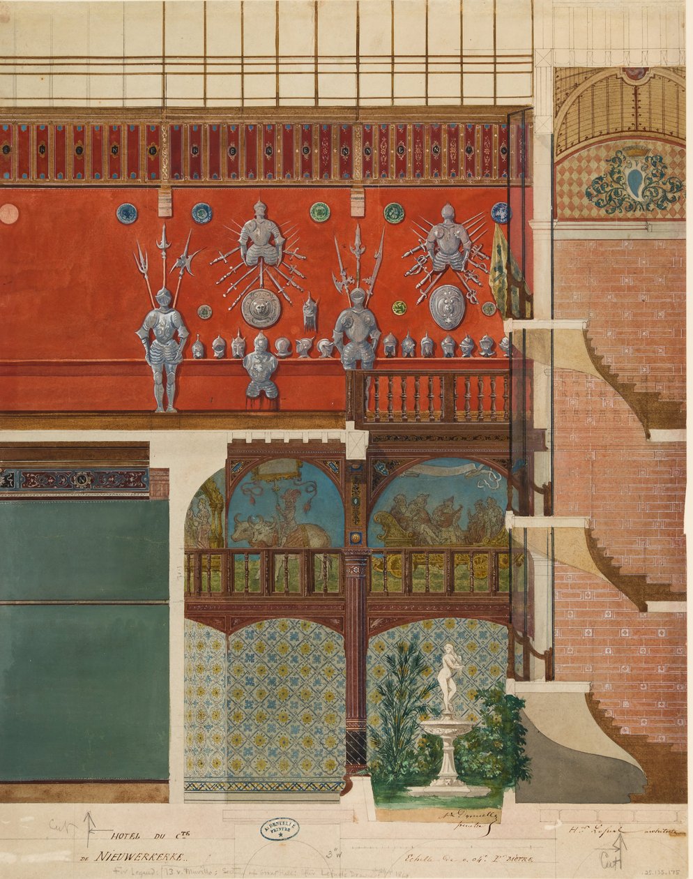 Dibujo arquitectónico del interior de la casa del Conde de Nieuwerkerke, ca. 1870 de Studio of Hector Martin Lefuel.