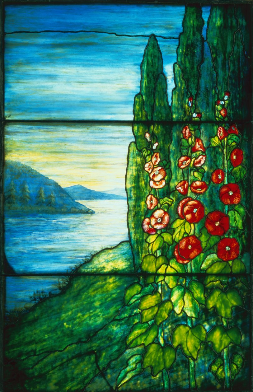 Escena lacustre con malvarrosas en flor (vidriera) de Studios Tiffany