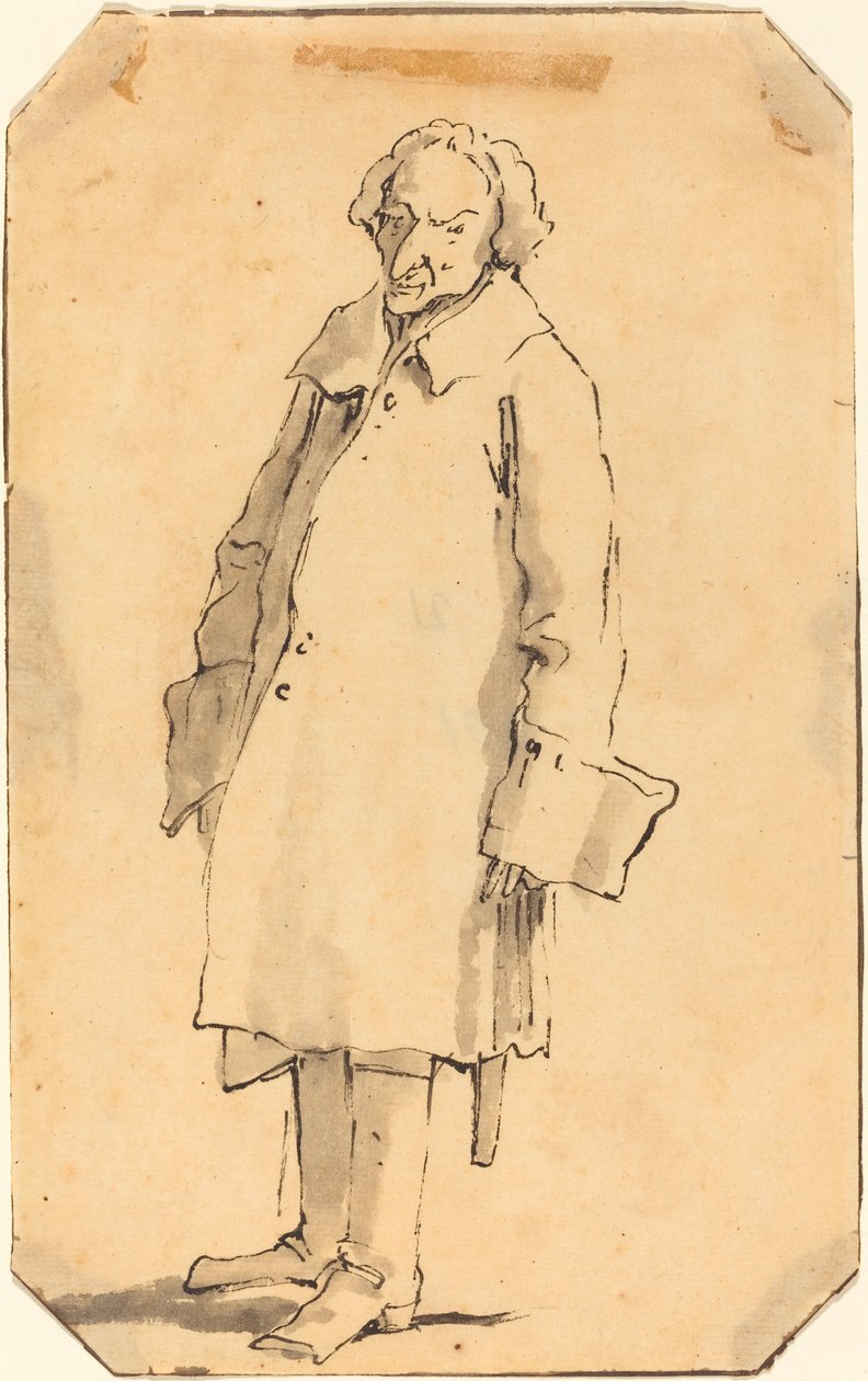 Un hombre de pie con un abrigo y botas de Style of Giovanni Battista Tiepolo
