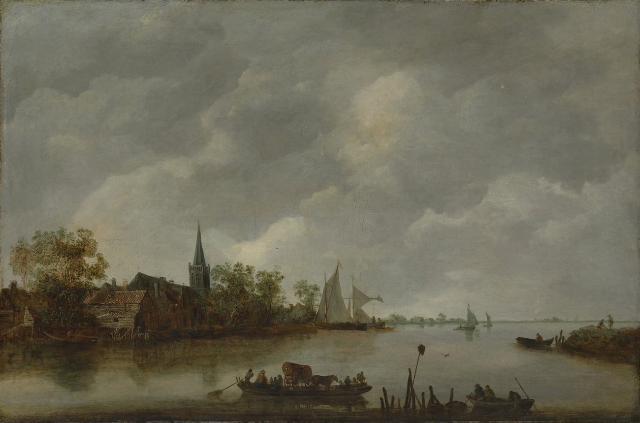 Vista del río con una iglesia del pueblo de Style of Jan van Goyen