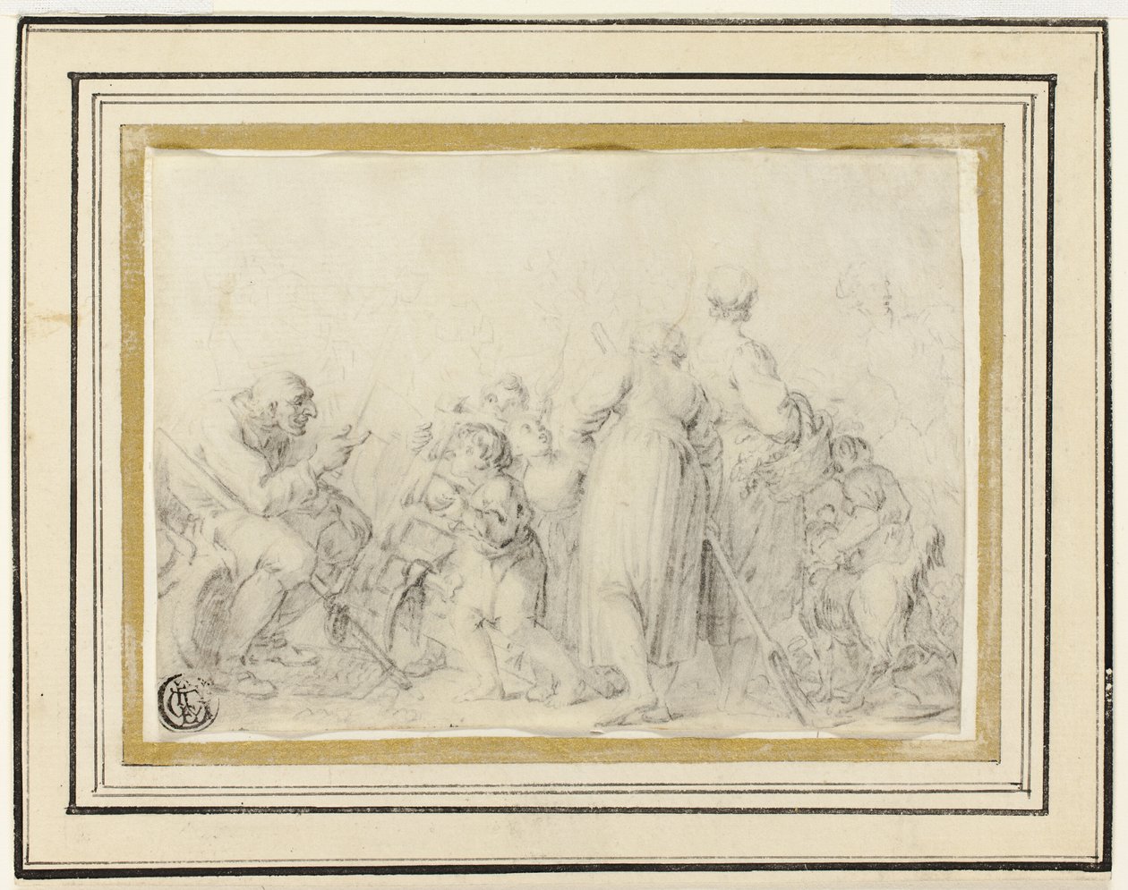 Escena de género con anciano, campesinas y niños de Style of Jean Baptiste Greuze