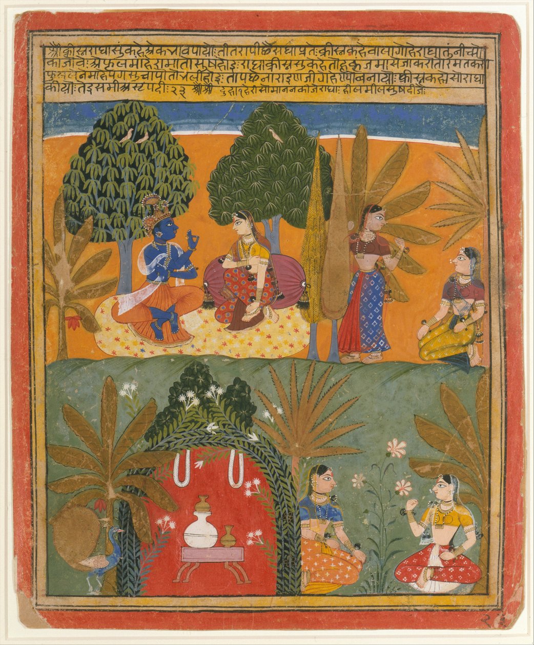 Krishna y Radha con sus confidentes: Página de un Gita Govinda disperso, ca. 1655-60 de Style of Manohar