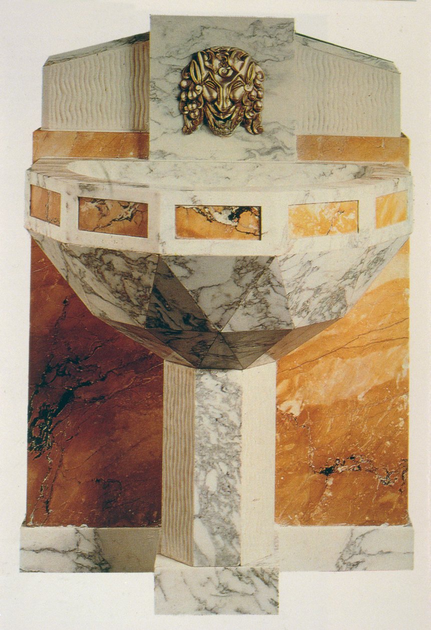 Fuente de pared decorada con máscara de sátiro en bronce dorado, c.1925 de Sue et Mare
