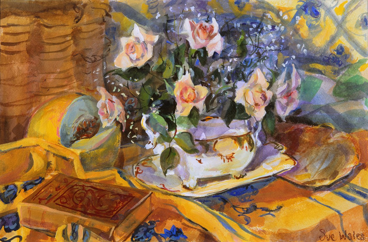 Rosas rosadas en plato de Gaye, 1995 de Sue Wales