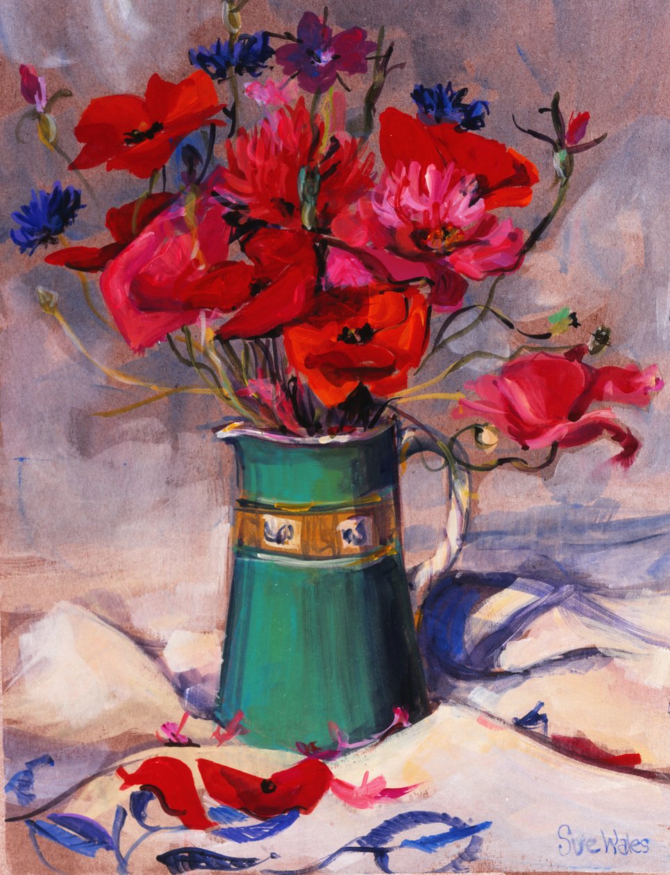 Amapolas y acianos en jarra verde, 1994 de Sue Wales