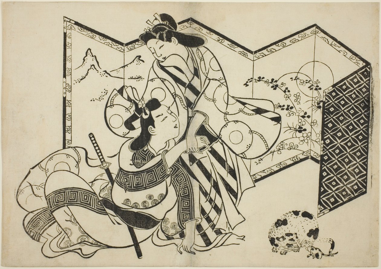 Amantes, un gato y un ratón frente a un biombo de Sugimura Jihei