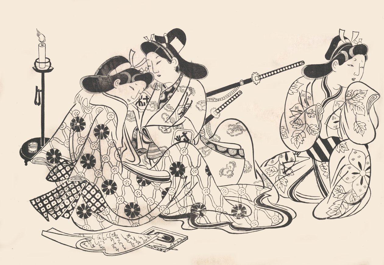 Samurái y cortesana sentados, un sirviente a su lado, ca. 1685 de Sugimura Jihei