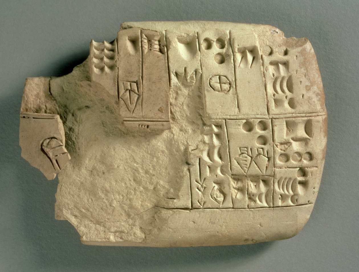 Tafel aus Jamdat Nasr im Irak, Auflistung von Mengen verschiedener Waren in archaischem Sumerisch, ca. 3200-3000 v. Chr. von Sumerian