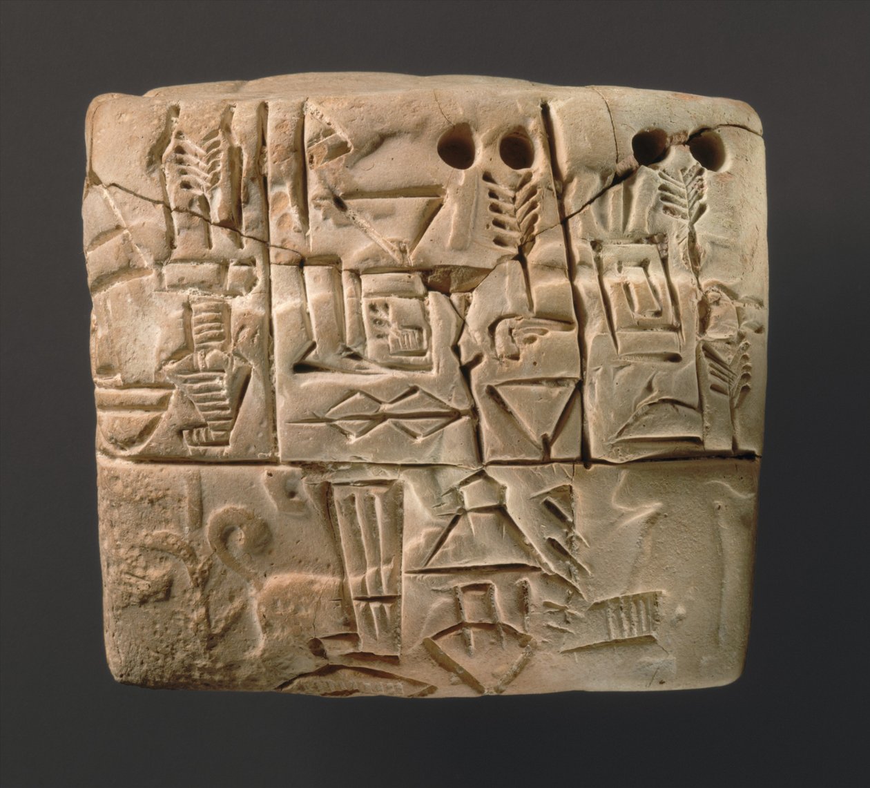 Tabla cuneiforme que muestra cuentas de distribución de cebada, c.3000 a.C. de Sumerian