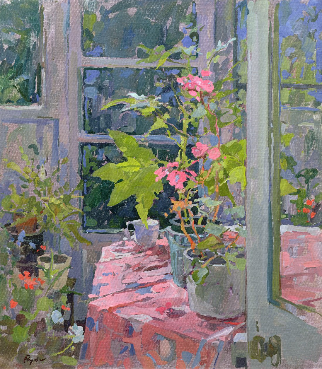 Geranios y tela rosa de Susan Ryder