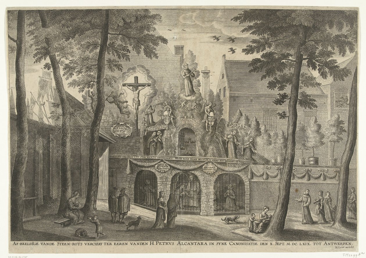 Stellage erigida en Amberes con motivo de la canonización de Pedro de Alcántara en 1669 Representación de la piedra-roca en honor a San Pedro Alcántara en la Canonización de la X. Sept. MDCLXIX a Amberes (título sobre objeto) de Susanna Verbruggen (possibly)