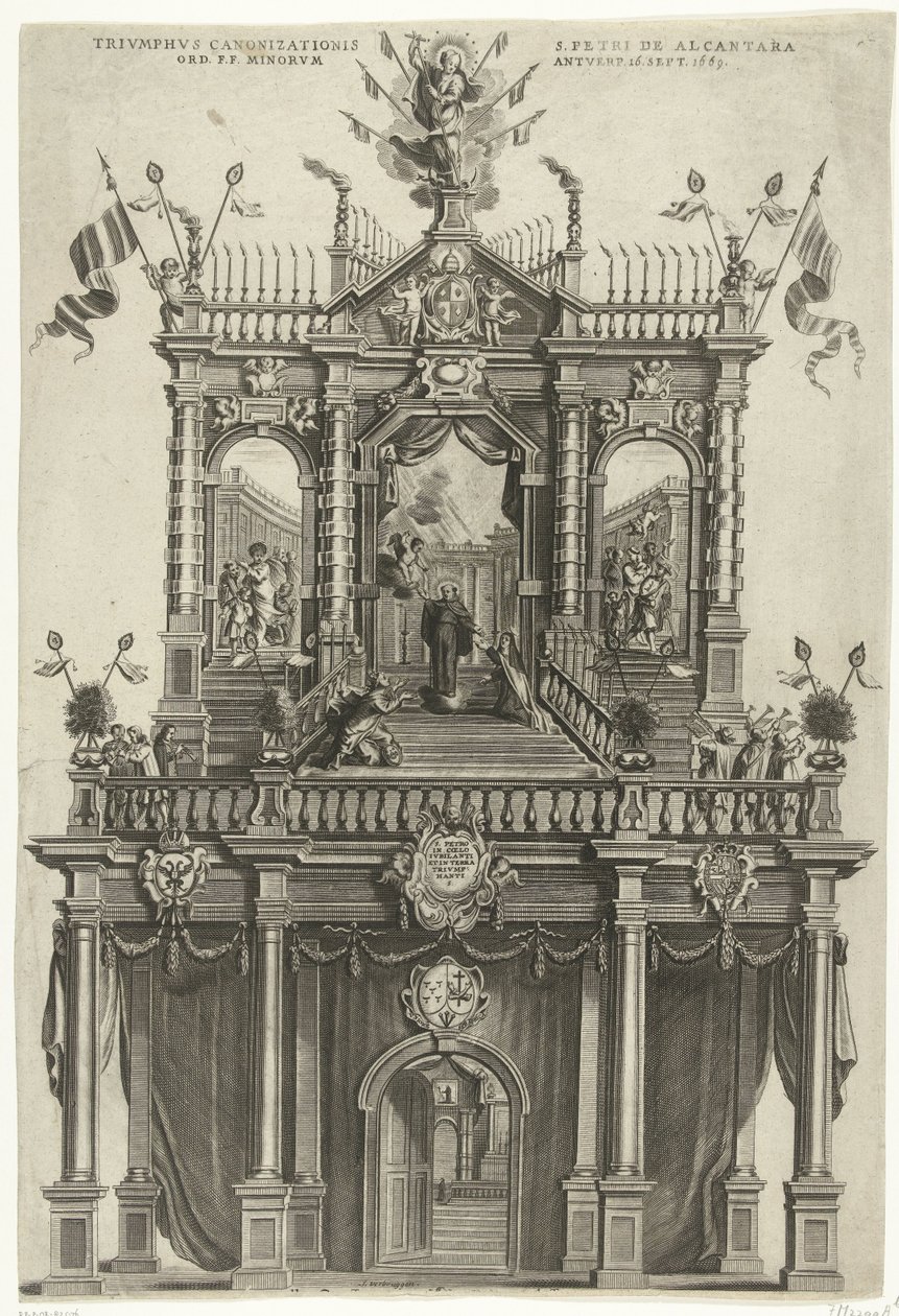 Puerta triunfal erigida en Amberes con motivo de la canonización de Pedro de Alcántara en 1669 Triumphus Canonizationis S. Petri de Alcantara Ord. F. F. Minorum Antverp. 16 de septiembre 1669 (título sobre el objeto) de Susanna Verbruggen (signed by artist)