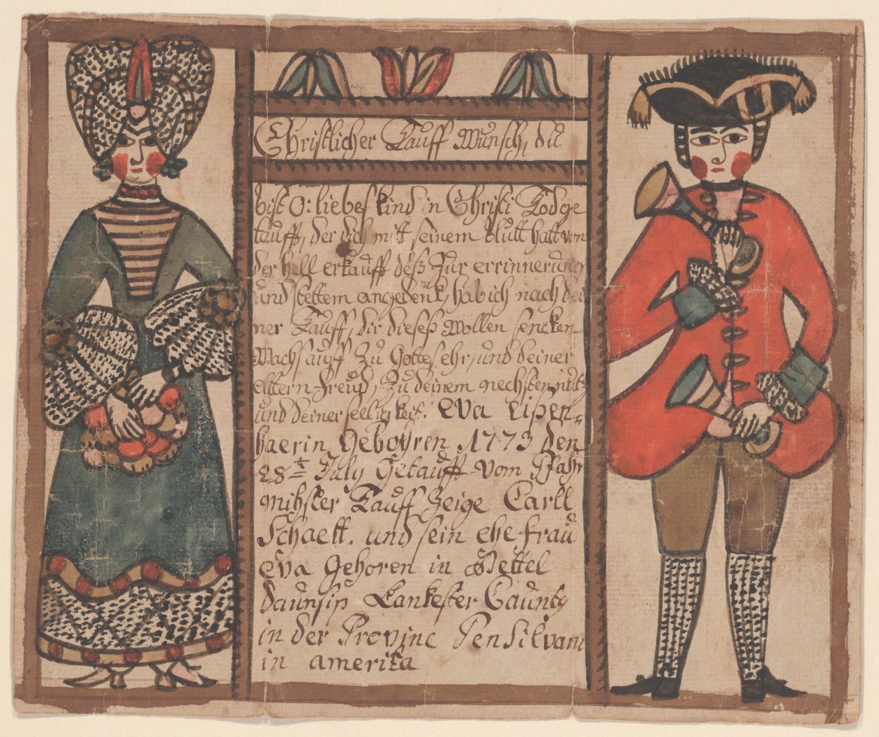 Certificado de nacimiento y bautismo para Eva Eissenhaer, c.1773 de Sussel Washington Artist
