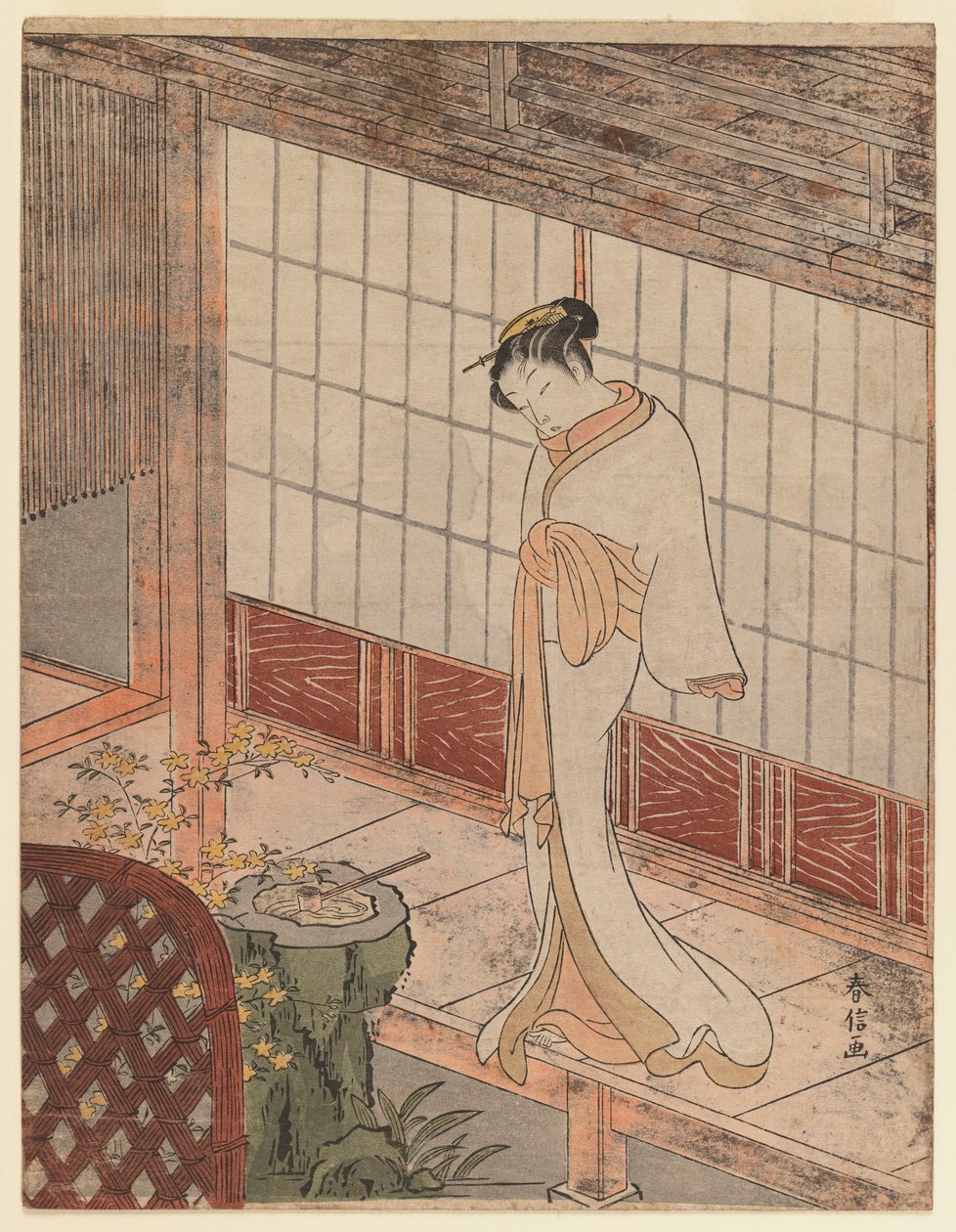 Cortesana en atuendo nocturno de pie en una veranda, c.1767 de Suzuki Harunobu