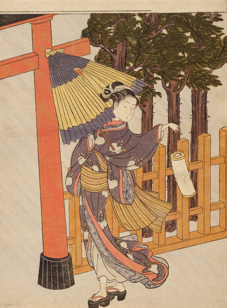 Mujer visitando el santuario en la noche de Suzuki Harunobu