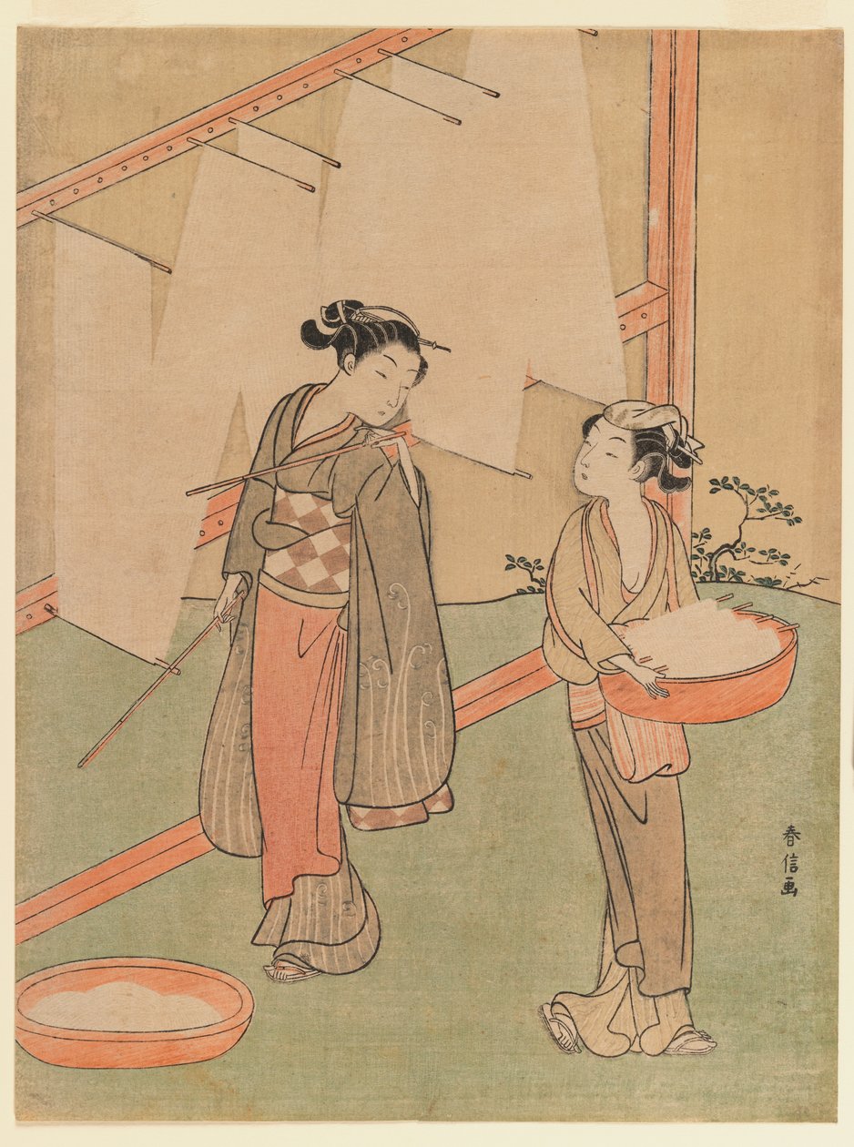 Joven y sirviente secando fideos finos japoneses, c.1766 de Suzuki Harunobu