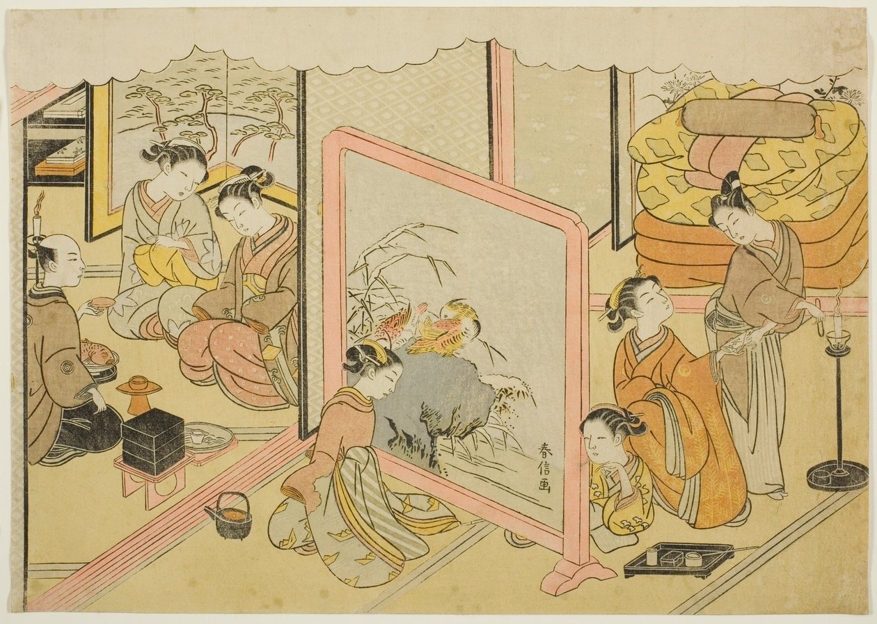 Una copa de sake antes de dormir (Toko sakazuki), la sexta hoja de la serie "Matrimonio en Estampas de Brocado, el Carro de la Mujer Virtuosa (Konrei nishiki misao-guruma)" de Suzuki Harunobu