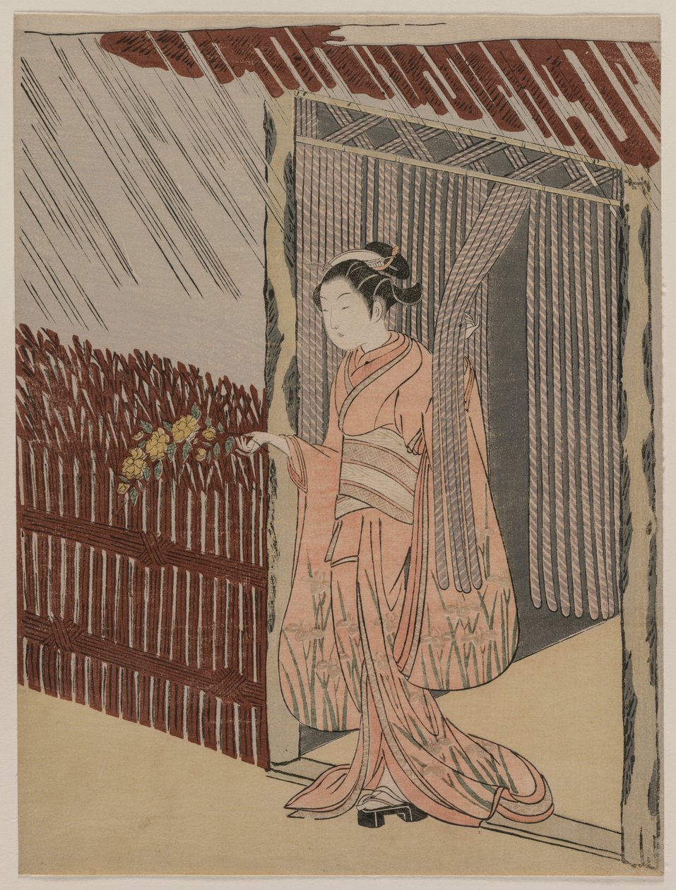 Una niña vistiéndose de rosa de Suzuki Harunobu