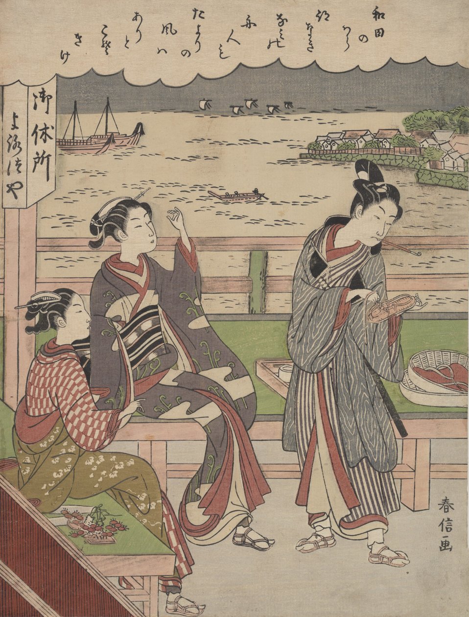 Un Hombre y Dos Mujeres en una Casa de Té en Wada no Ura con Vista al Mar de Suzuki Harunobu