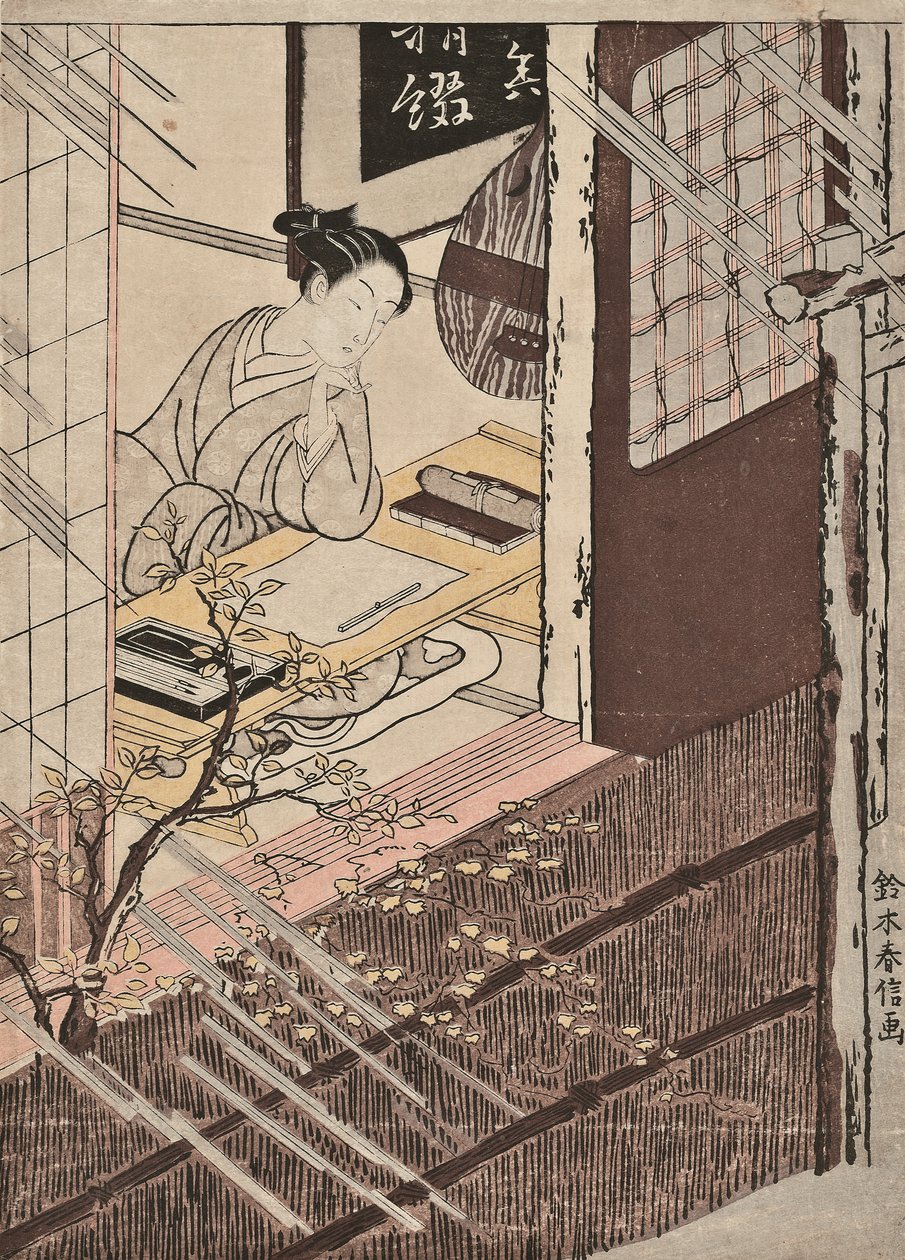 Una mujer sentada en un escritorio mirando la lluvia de Suzuki Harunobu