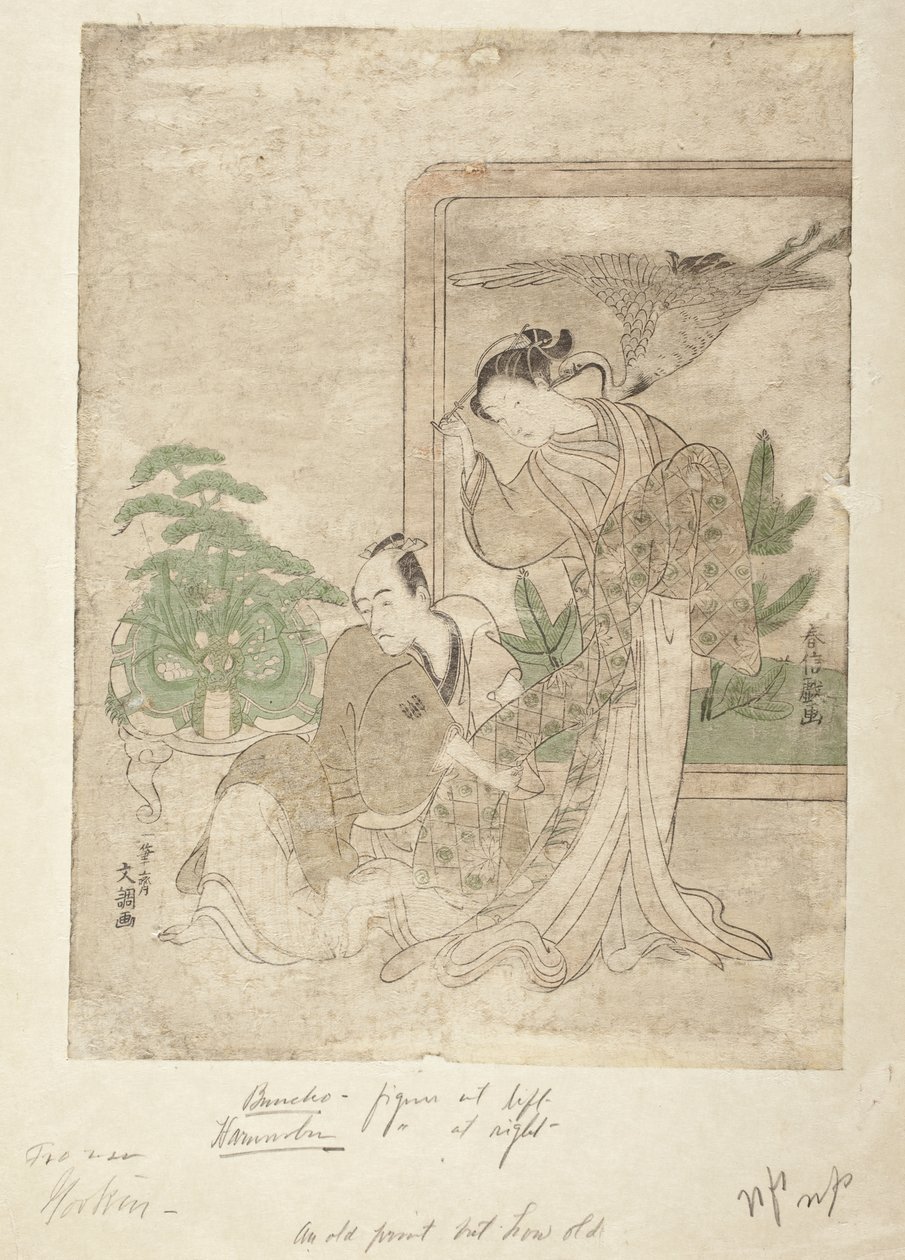 Actor y cortesana parodiando la escena de quitarse la armadura de la historia de los hermanos Soga de Suzuki Harunobu