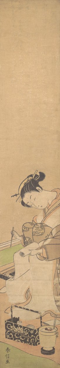 Una Oiran sentada en una cama, escribiendo una carta de Suzuki Harunobu