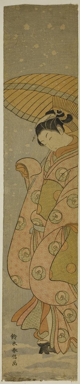 Belleza bajo un paraguas en la nieve de Suzuki Harunobu
