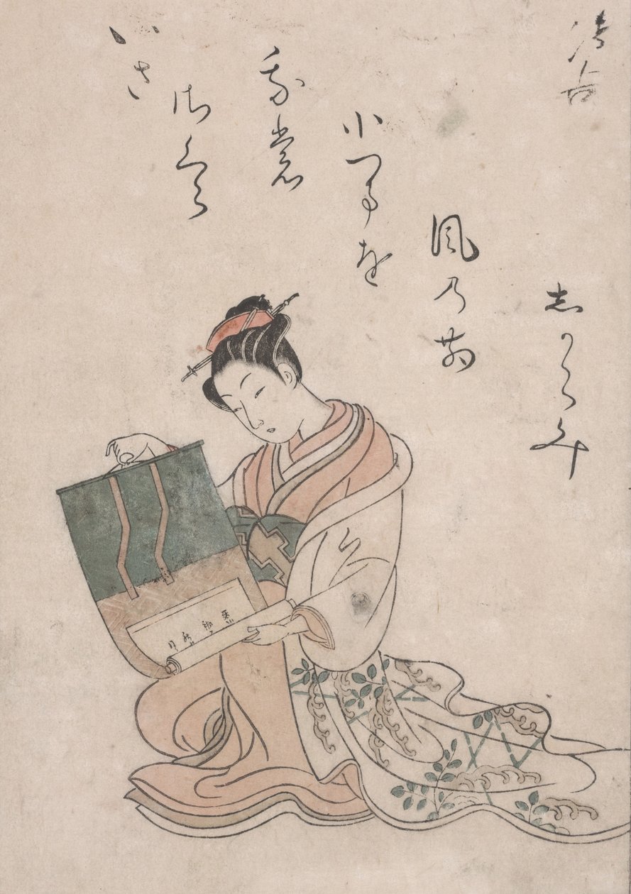Belleza desenrollando pergamino de Suzuki Harunobu