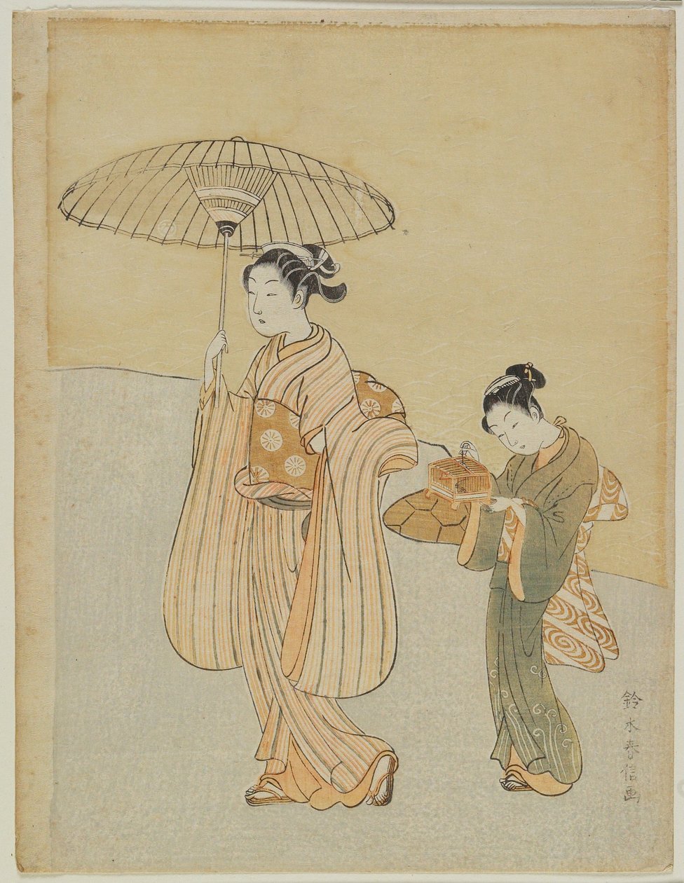Belleza con acompañante que lleva una jaula de insectos de Suzuki Harunobu