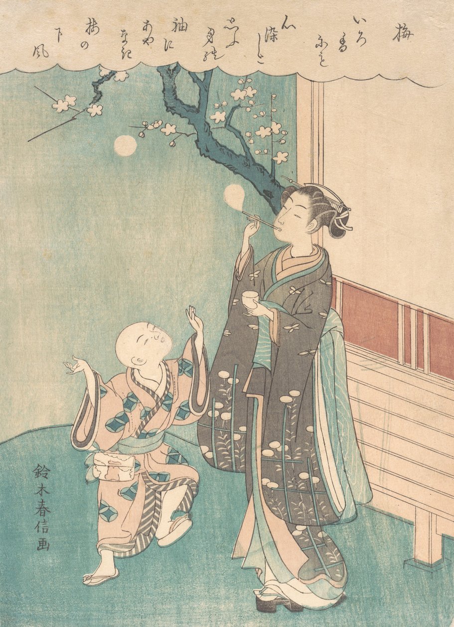 Soplando burbujas de jabón bajo el florecimiento del ciruelo de Suzuki Harunobu