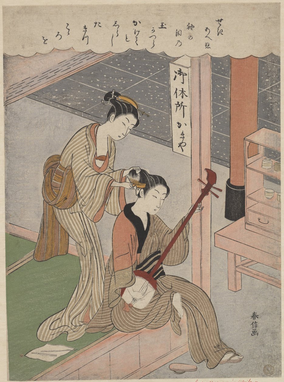 Peinándose el cabello de Suzuki Harunobu