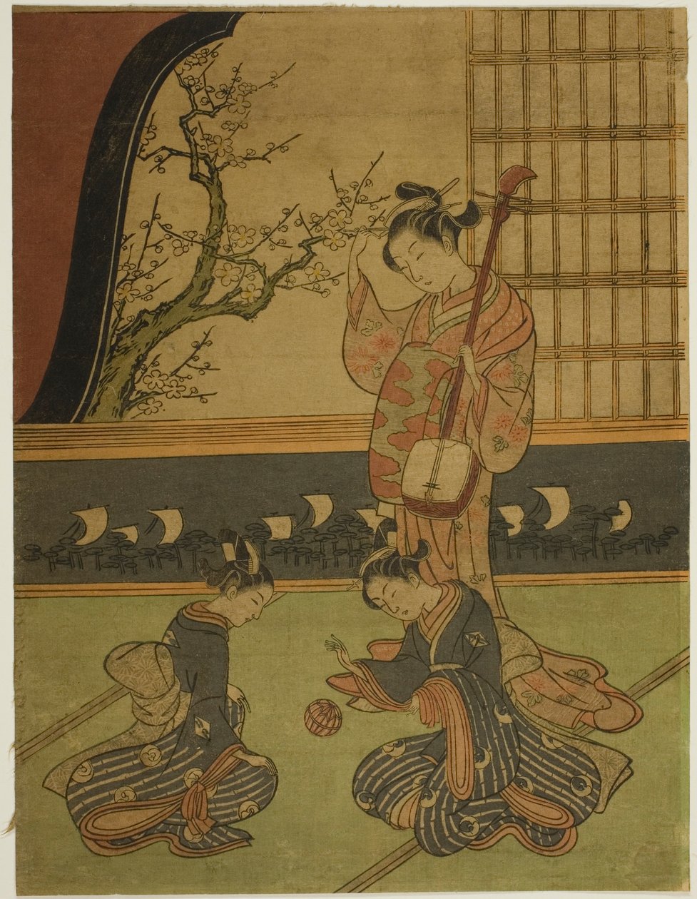 Cortesana viendo a sus asistentes jugar con una pelota de Suzuki Harunobu