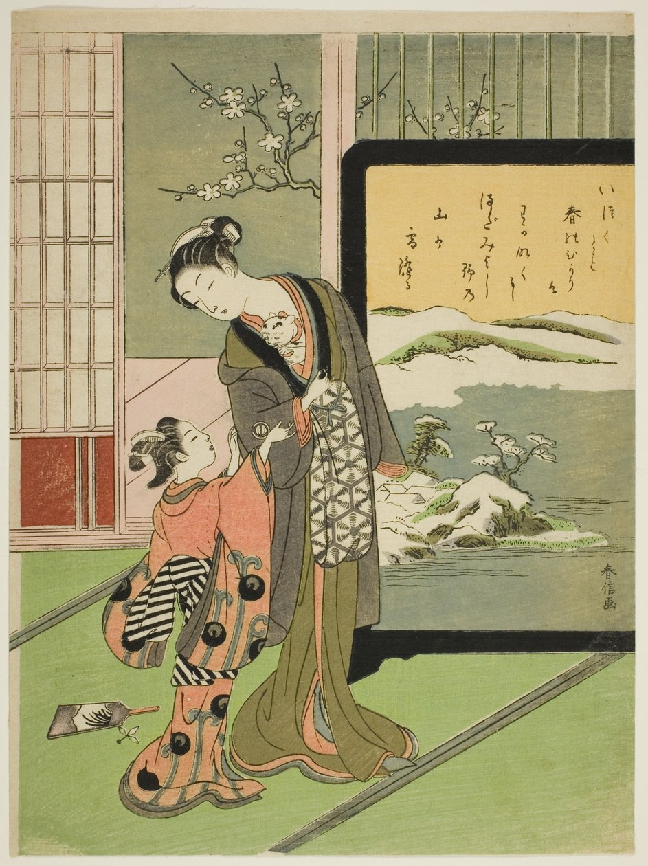 Cortesana y su asistente infantil jugando con un gato de Suzuki Harunobu