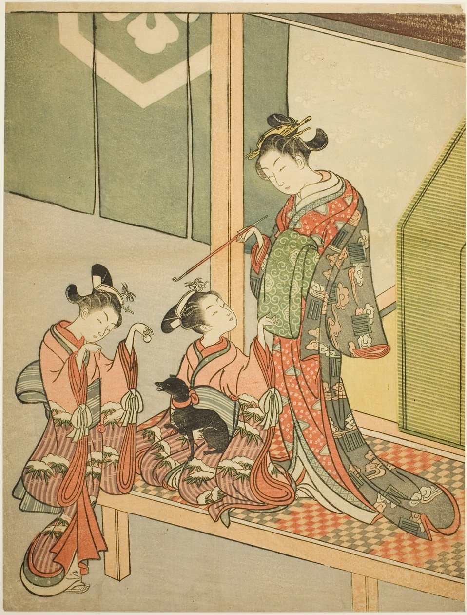 Cortesana y dos asistentes jugando con un perro de Suzuki Harunobu