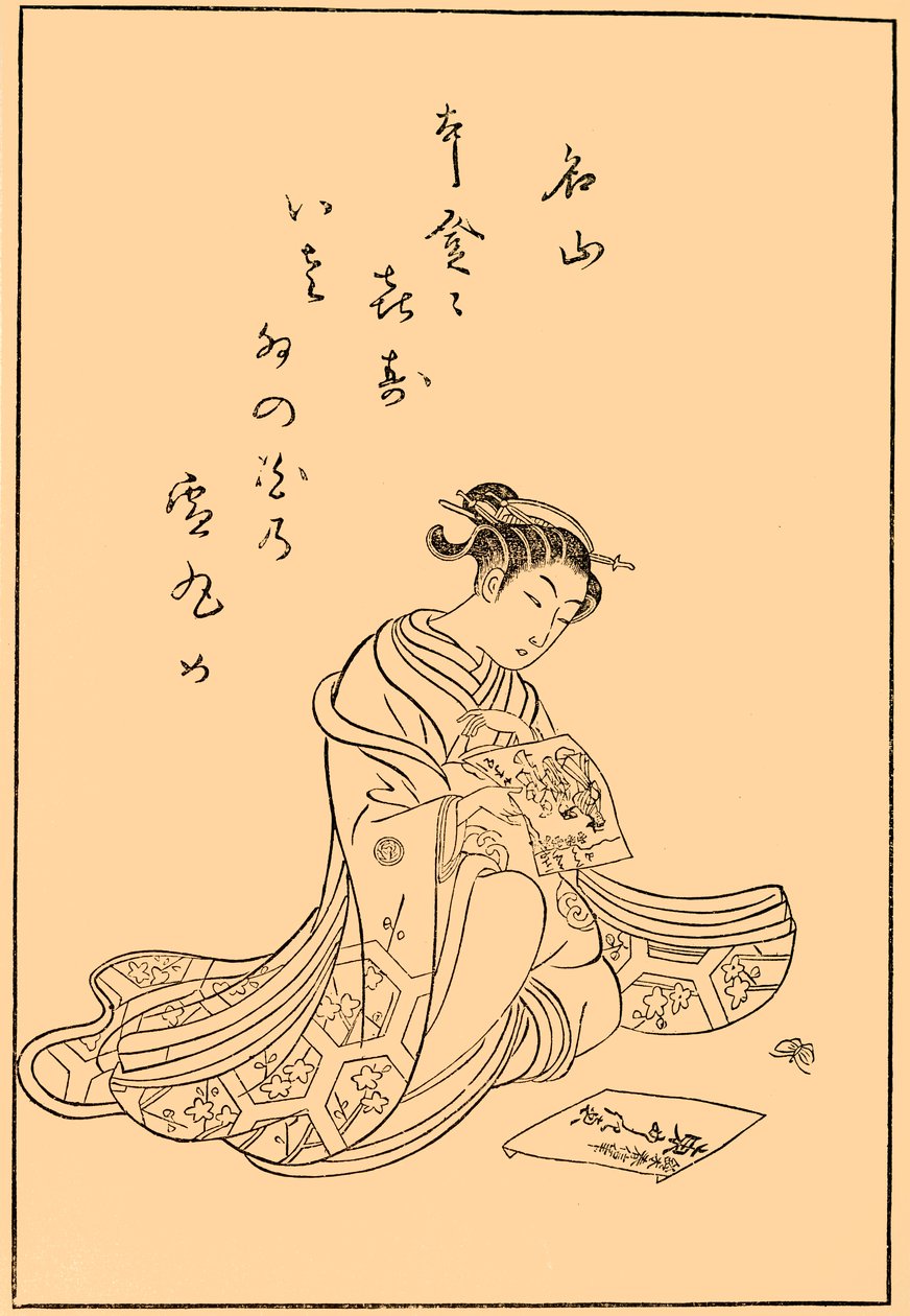 Cortesana mirando impresiones de Suzuki Harunobu