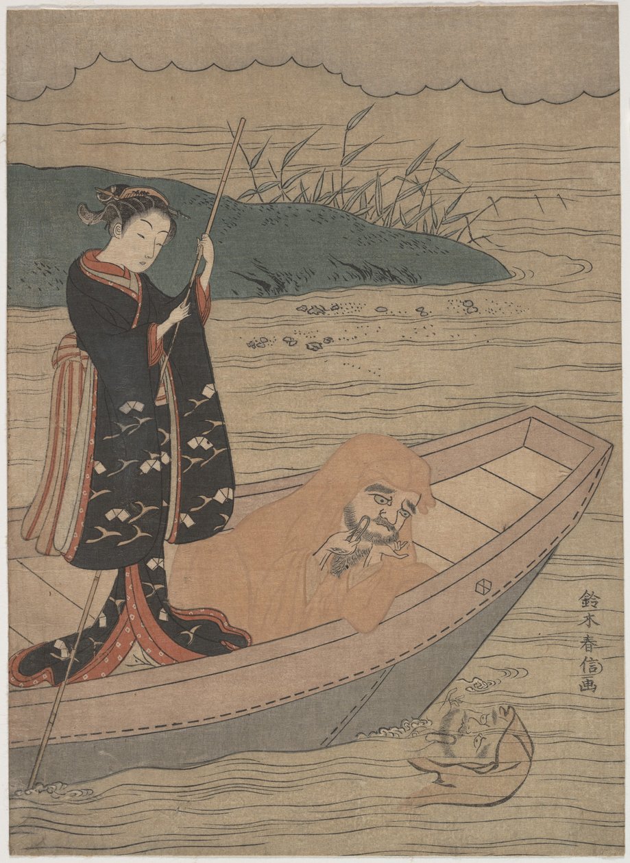 Daruma en una barca con un asistente de Suzuki Harunobu