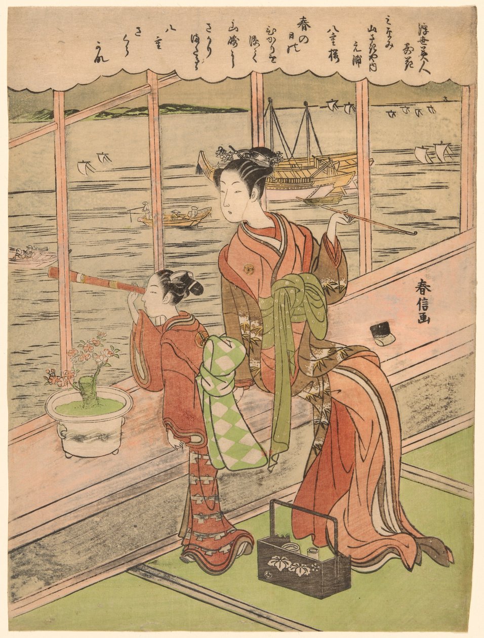 Cerezo de doble flor: Motoura de Minami Yamasakiya (Minami Yamasakiya uchi Motoura, Yaezakura), de la serie "Bellezas del mundo flotante comparadas con flores (Ukiyo bijin hana ni yosu)" de Suzuki Harunobu